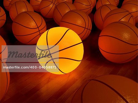 basketball glow game ball over the hardwood floor (3D)