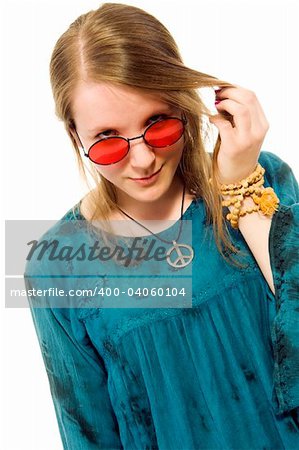 hippie girl wearing red eyeglasses (white background)