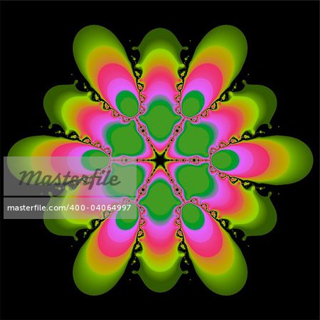 An abstract image in bright shades of pink, orange, and green on a black background.