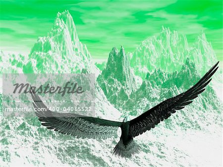 An eagle flight against white snowy mountains