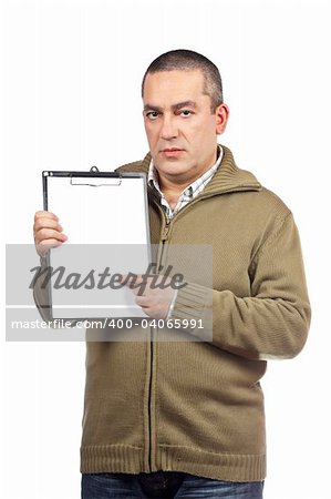 Serious casual man holding a blank clipboard, over white background