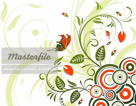 Flower background with butterfly and circle, element for design, vector illustration