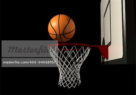 Basketball in air over hoop - rendered in 3d