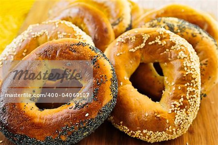 Variety of fresh Montreal style bagels close up