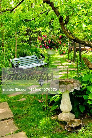 Path of stepping stones leading into lush green garden