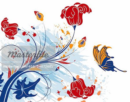 Grunge flower background with butterfly, element for design, vector illustration