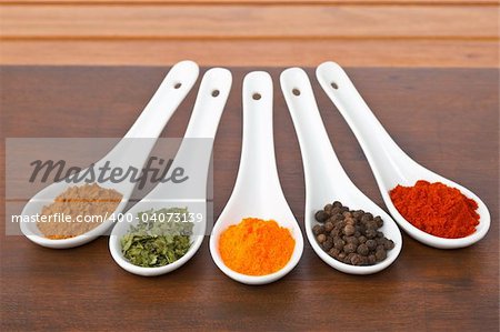 Assortment of spices in the spoons for prepare tasty food with soft shadow in the wooden background. Shallow depth of field