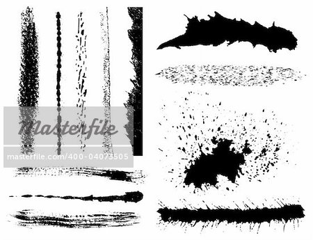Set of 12 vector grunge ink brush strokes.