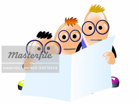 Illustration of three funny businessmen with document. Isolated on white.