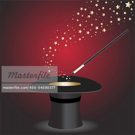 Vector - Magic wand performing tricks on a top hat with stars