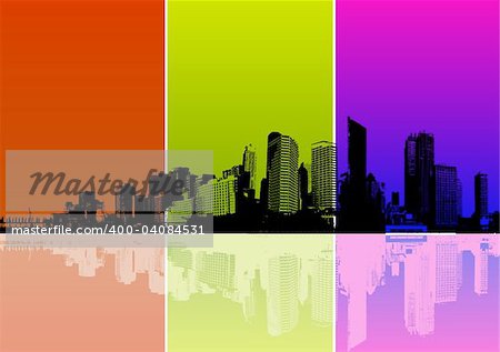 Panorama of city with colored strips. Vector