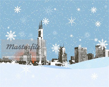 City skyline in the snowy winter, background