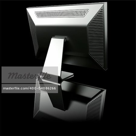 3d rendering of a aluminum monitor on black reflective ground seen from the backside