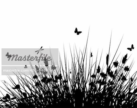 Editable vector silhouette of grassy vegetation with wildlife