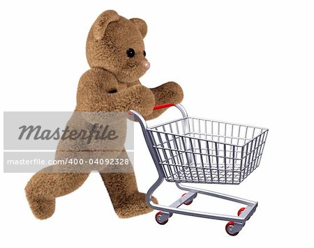 Isolated illustration of teddy pushing a shopping cart