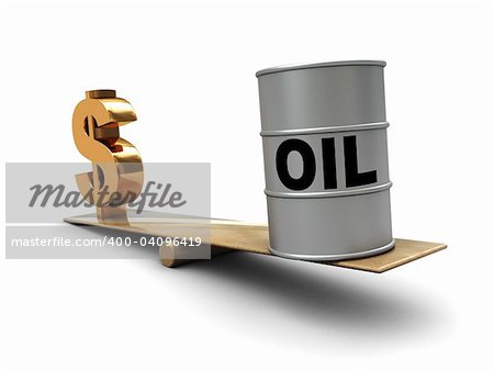 abstract 3d illustration of dollar sign and  oil barrel on scale, oil prices concept