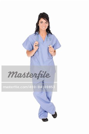 Beautiful Caucasain nurse standing on white background