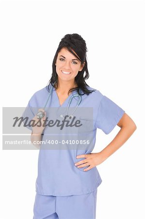 Beautiful Caucasain nurse standing on white background