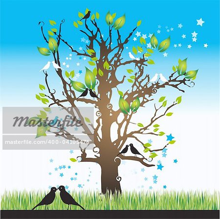 Tree silhouette spring, birds, vector illustration