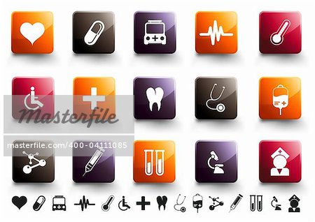 A collection of 15 medical and healthcare icons in high gloss finish.