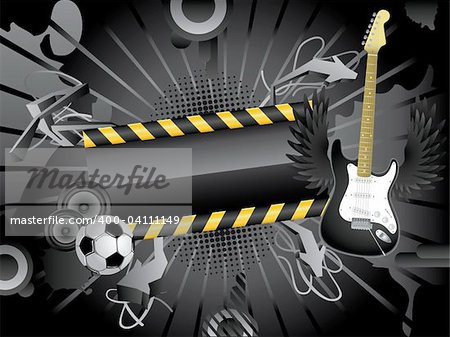 Vector abstract grunge background with audio speakers guitar and soccer ball.
