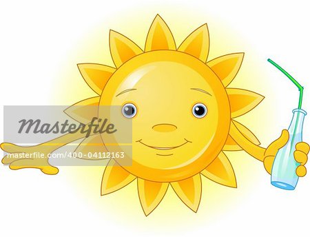 Cartoon Character  of Cute Summer Sun with bottle of water