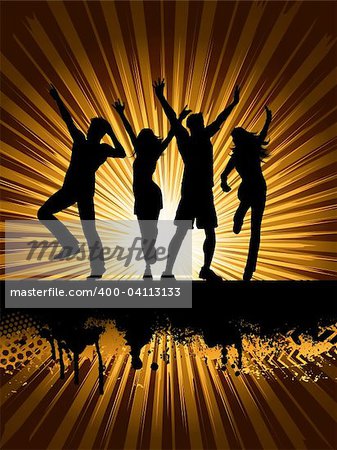 Silhouettes of people dancing on grunge starburst background
