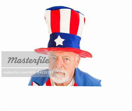 Realistic Uncle Sam head peering over white space.  Isolated design element.