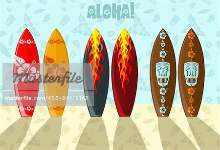 Vector illustration of aloha surf boards on the beach