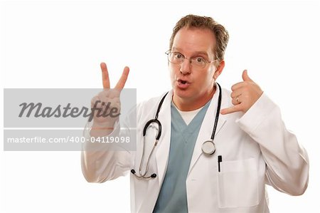 Male Doctor Expressing Take Two and Call Me Isolated on a White Background.