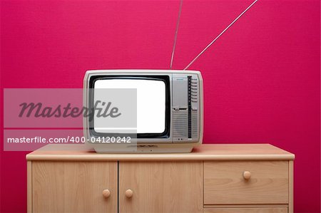 Vintage TV set with blank white screen