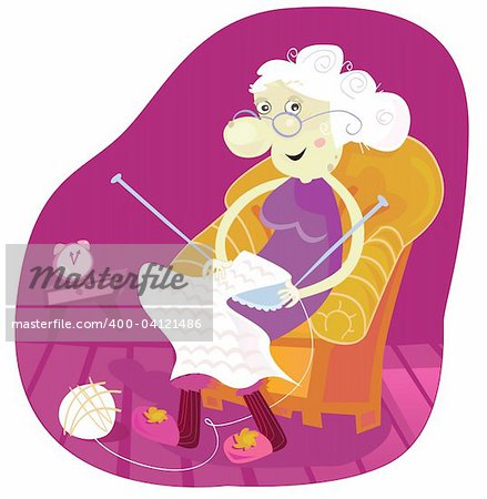 Gradmother sitting in armchair and knitting. Vector Illustration.