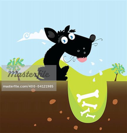 Cute black dog in nature with bones in hole. Vector illustration.
