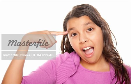 Pretty Hispanic Girl Pointing to Her Head Portrait Isolated on a White Background.