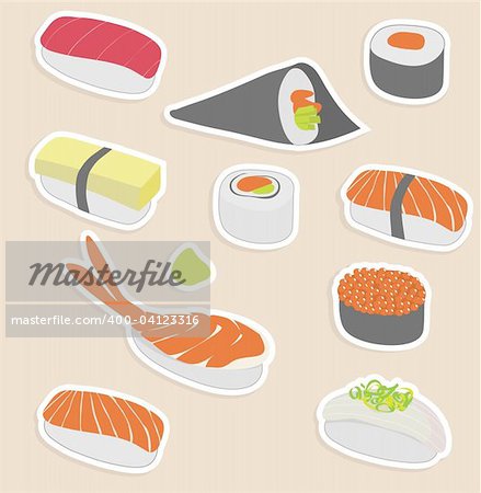 Vector illustration of sushi set make in sticker style