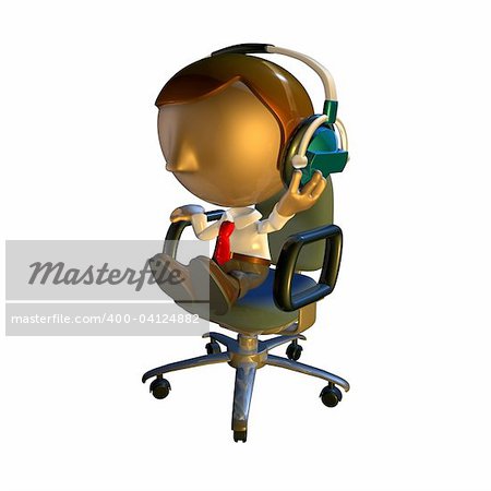 3d business man character sitting in an office chair with headphones listening