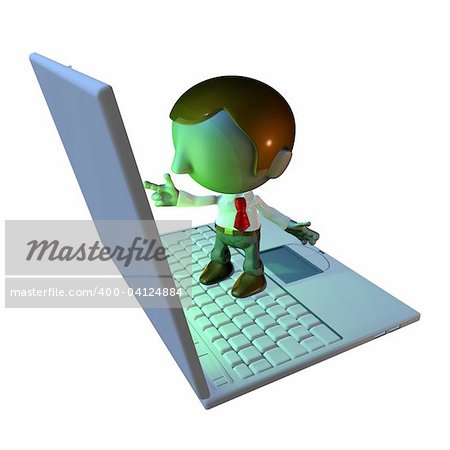 3d business man character standing on oversized or large laptop or keyboard