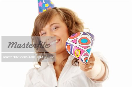 Young woman in business siut wearing party favors