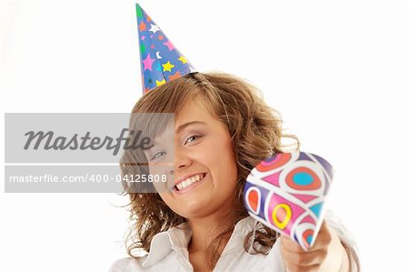 Young woman in business siut wearing party favors