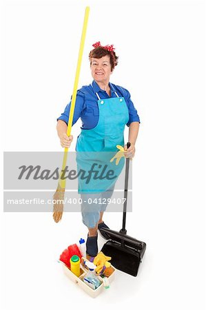 Happy smiling cleaning lady with her housekeeping supplies.  Full body isolated on white.