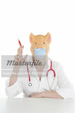 Doctor with pig mask and syringe, swine flu metaphor