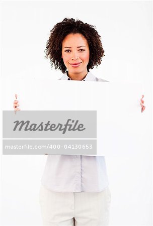 Friendly African businesswoman holding big white businesscard