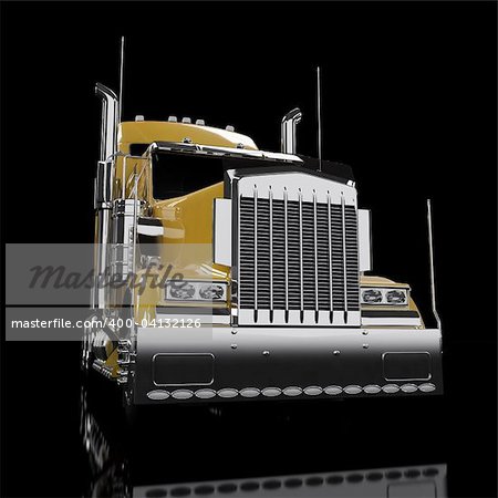 Yellow heavy truck isolated on black background