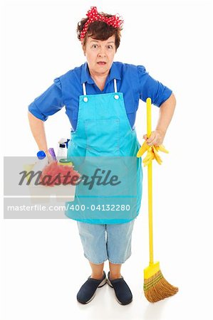 Maid with her cleaning equipment, wearing a very surprised expression.  Full body isolated on white.