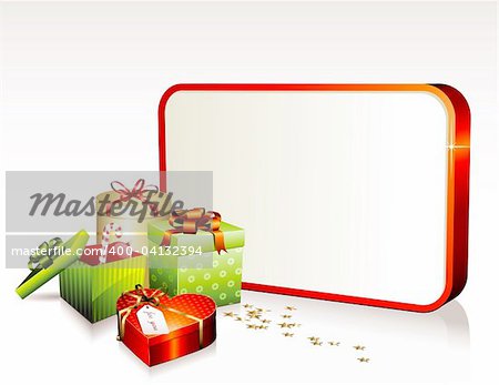threedimensional vector sign, gift boxes and star-shaped golden confetti