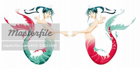 Two mermaids - cartoon and vector mythologycal characters