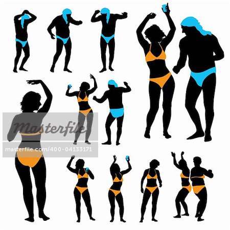 A set of dancing people silhouettes at a summer party