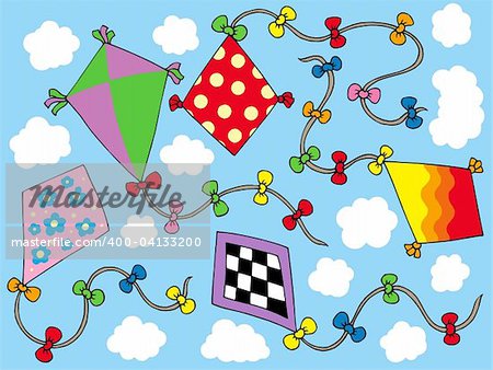 Various kites flying on sky - vector illustration.