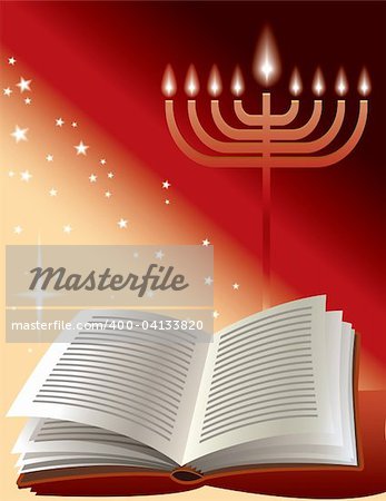 Jewish holiday: menorah, book and sunshine