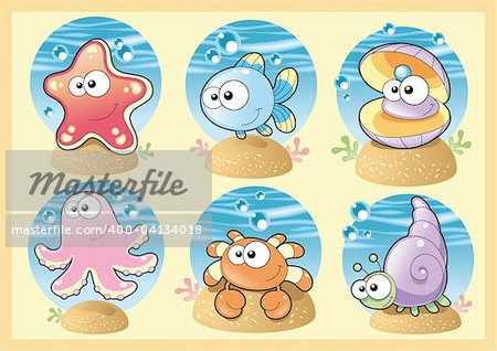 Sea Family: Funny cartoon and vector Characters with Background